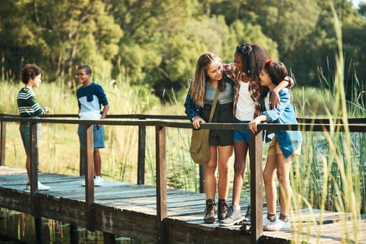 Shot of a group of teenagers standing on a bridge in nature at summer camp