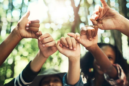 Shot of a group of teenagers linking fingers at summer camp