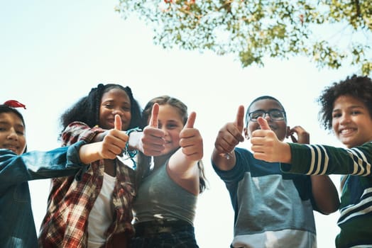Shot of a group of teenagers showing thumbs up at summer camp
