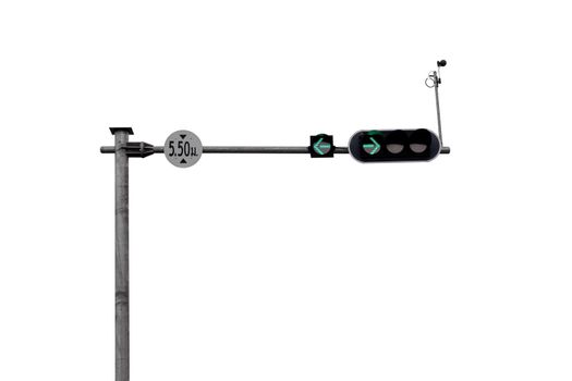 Traffic light pole showing the green lights to turn left and turn right isolated on white background.