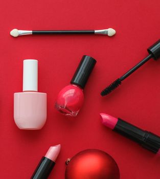 Cosmetic branding, fashion blog cover and girly glamour concept - Make-up and cosmetics product set for beauty brand Christmas sale promotion, luxury red flatlay background as holiday design