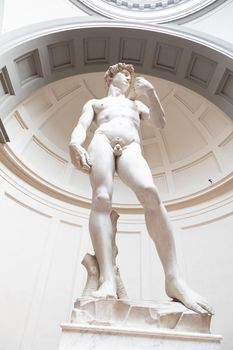 Florence, Italy - Circa August 2021: David sculpture by Michelangelo Buonarroti. The masterpiece of the Renaissance art.