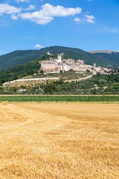 Assisi village in Umbria region, Italy. The town is famous for the most important Italian St. Francis Basilica (Basilica di San Francesco)