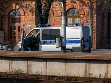 Polish police bus car stay on the road