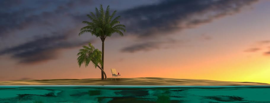 Travel. Recreation concept. Tropical island in the middle of the ocean with palm trees, deck chair and suitcase. 3d illustration