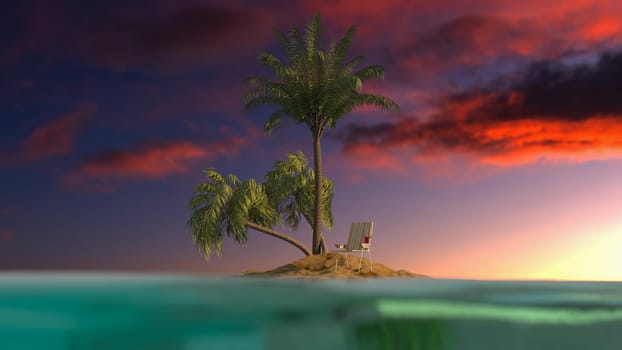 Travel. Recreation concept. Tropical island in the middle of the ocean with palm trees, deck chair and suitcase. 3d illustration