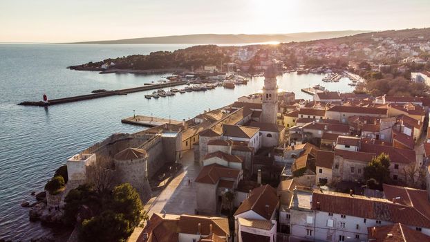 Aerial view of historic Adriatic town of Krk , Island of Krk, Kvarner bay of Adriatic sea, Croatia, Europe.