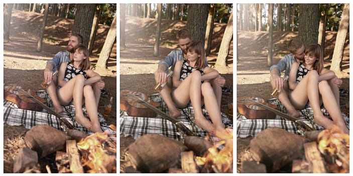 Composite shot of a young couple sitting by a fire while camping