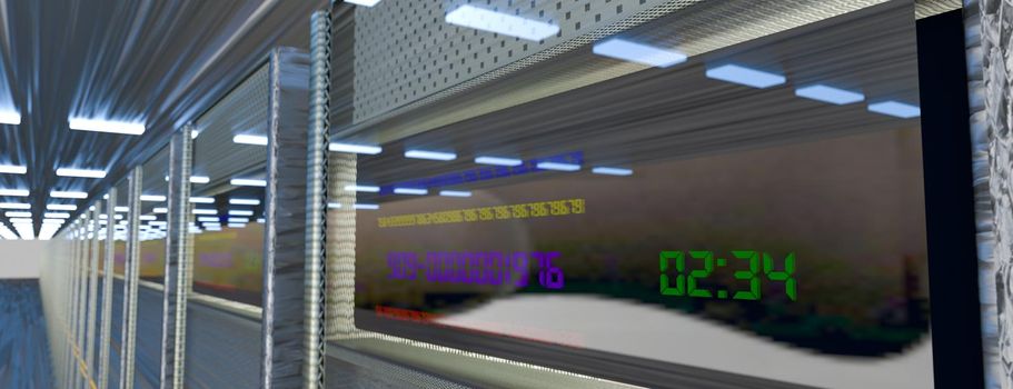 Server. Server racks in server room cloud data center. Datacenter hardware cluster. Backup, hosting, mainframe, mining, farm and computer rack with storage information. 3d illustration