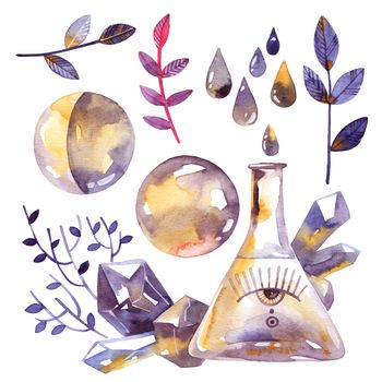 Watercolor illustration in vintage style of alchemy objects - vial, all-seeing eye, crystals, moon, leaves