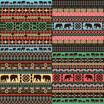 Colorful african patterns with elephants silhouettes
