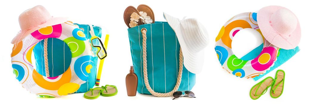 Beach clothes summer collage for woman and child isolated on white background. Hat, sunglasses, bag and shoes set for sea vacation