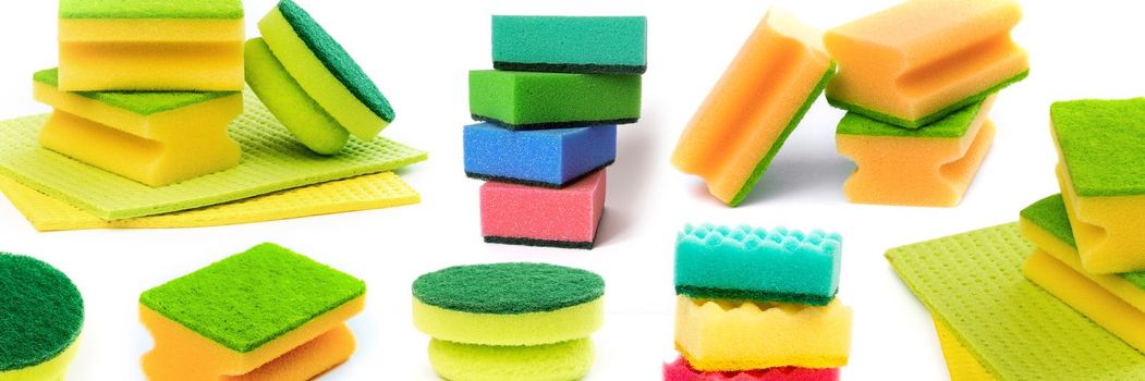 Colorful kitchen sponges set collage isolated on white background. Group of home cleaning tools for washing and housekeeping