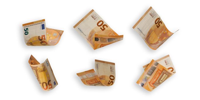 Flying 50 euro banknotes isolated on white background. High quality photo