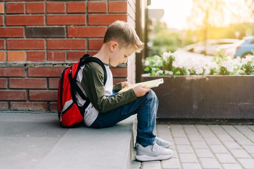 Back to school. Cute child with backpack, holding notepad and training books. School boy pupil with bag. Elementary school student going to classes. Kid sitting on stairs outdoors at brick wall.