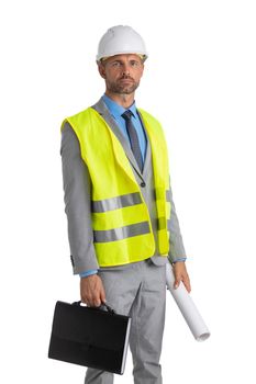 Male construction architect in formal suit and hardhat with rolled blueprints looking at camera isolated on white background