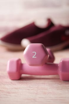 pink color dumbbell, exercise mat and water bottle on white background .