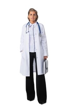 Full length portrait of smiling female doctor woman in labcoat isolated on white background