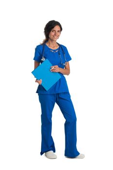 Smiling confident young female doctor woman with stethoscope holding health card isolated on white background