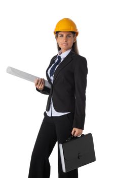 Female business woman architect in suit and yellow hardhat holding blueprints isolated on white background