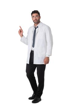 Healthcare, profession, people and medicine concept - happy smiling male doctor in white coat pointing finger up