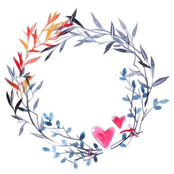 Watercolor blank for a card for the St. Valentine day - decorative wreath with leaves, twigs and hearts
