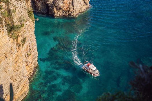 Turquoise sea water of Mediterranean sea. Beautiful emerald green watercolor. Shiny clear ocean water. Transparent bright blue green sea waters surface. Paradise lagoon view.