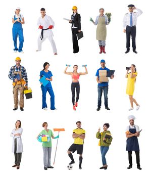 Full length portrait of group of people representing diverse professions of business, medicine, construction industry on white