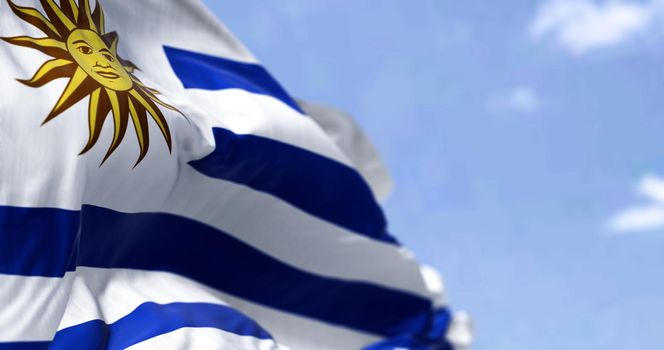 Detail of the national flag of Uruguay waving in the wind on a clear day. Democracy and politics. Patriotism.South american country. Selective focus.