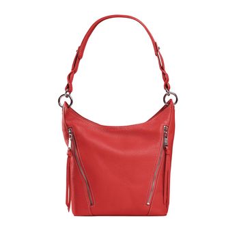 Stylish medium size red handbag with shoulder strap made of genuine leather with external zippered pockets isolated on white background. Women accessories concept