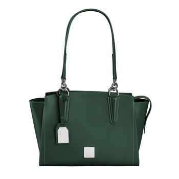 Practical dark green leather work handbag with two handles, chrome fittings and zipper isolated on white background. Stylish accessories for businesswomen