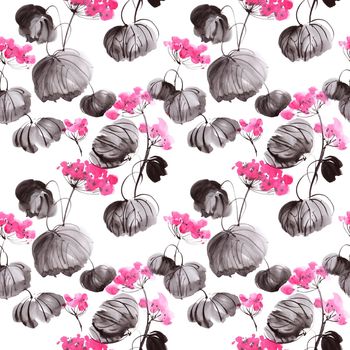 Watercolor seamless pattern with blossom geranium - oriental traditional painting sumi-e or gohua