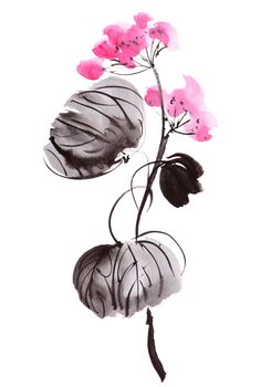 Watercolor and ink illustration of blossom geranium - oriental traditional painting sumi-e or gohua