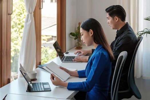 Group of business asian people team working with computer laptop at office.