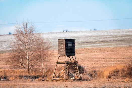 Hunting tower in countryside, winter season, Czech Republic, Europe