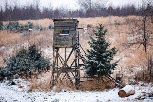 Hunting tower in countryside, winter season, Czech Republic, Europe