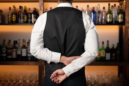 Backside of elegant bartender selecting beverage for customers in restaurant. High quality photo