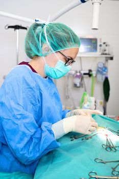 Surgery operation. Close up of surgeon hands stitching the wound after operating. Surgical treatment concept. Surgeon hands performing operation with surgery tools. High quality photography