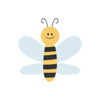 Lovely simple design of a cartoon yellow and black bee on a white background. Hand drawn style