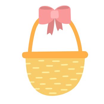 Wicker basket icon with bow, empty wicker basket illustration, vector illustration in flat cartoon design