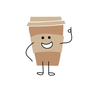 Cartoon coffee cup showing ok sign. Take away coffee. Happy cup of coffee. Vector flat cartoon illustration on white