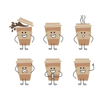 Set of cute coffee cups isolated on white - cartoon characters for funny design. Simple cartoon flat design