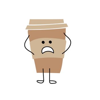 Coffee cup - funny cartoon character with emotion of surprise on white background. Simple cartoon character holding his head