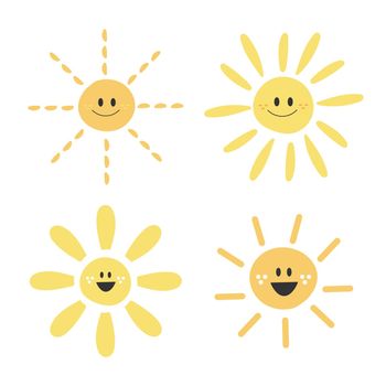 Cute funny Sun characters. Vector hand drawn cartoon sun isolated on white background. Sun character concept. Four icons set