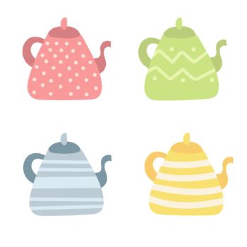 Kettle - hand drawn vector doodle illustration. Cartoon pots. Isolated on white background. Hand drawn simple elements set