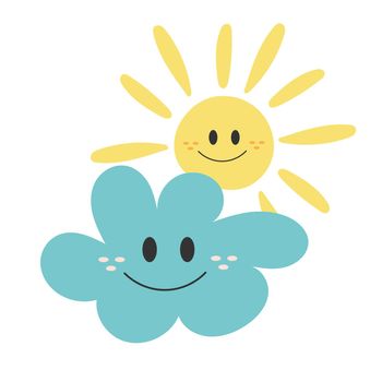 Sun Hugging Cloud. Happy smiling characters. Vector Illustration in hand drawn style