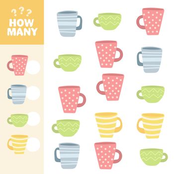Counting game, how many Tea Cups. Educational children game, printable worksheet, vector illustration