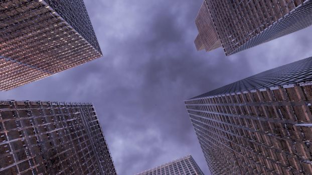 Glass buildings with cloudy blue sky background.. Panoramic and perspective wide angle view to steel light blue background of glass high rise building skyscraper commercial modern city. Business concept of success industry tech architecture. Office buildings. 3d rendering. 3d illustration