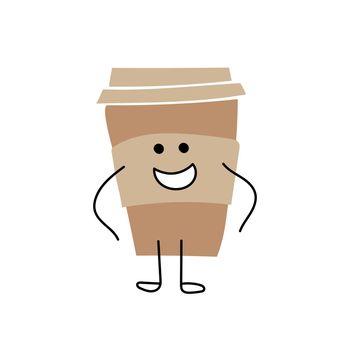 Cartoon coffee cup. Take away coffee. Happy cup of coffee. Vector flat cartoon illustration on white