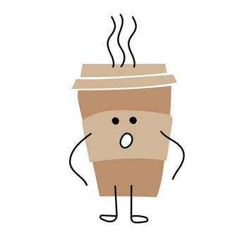 Coffee cup - funny cartoon character with emotion of surprise on white background. Simple cartoon character